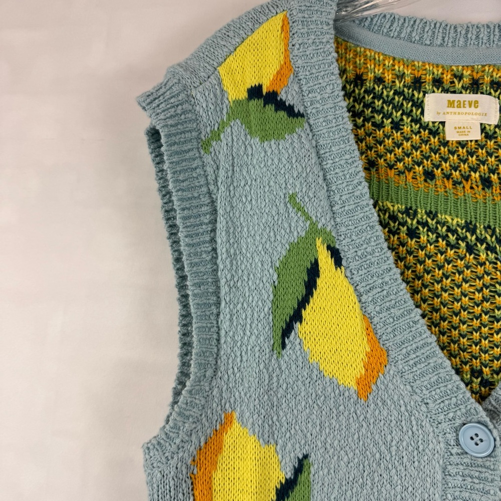 Maeve Anthropologie Lemon Knit Sweater‎ Vest Blue Yellow Sleeveless Size Small - Picture 5 of 11